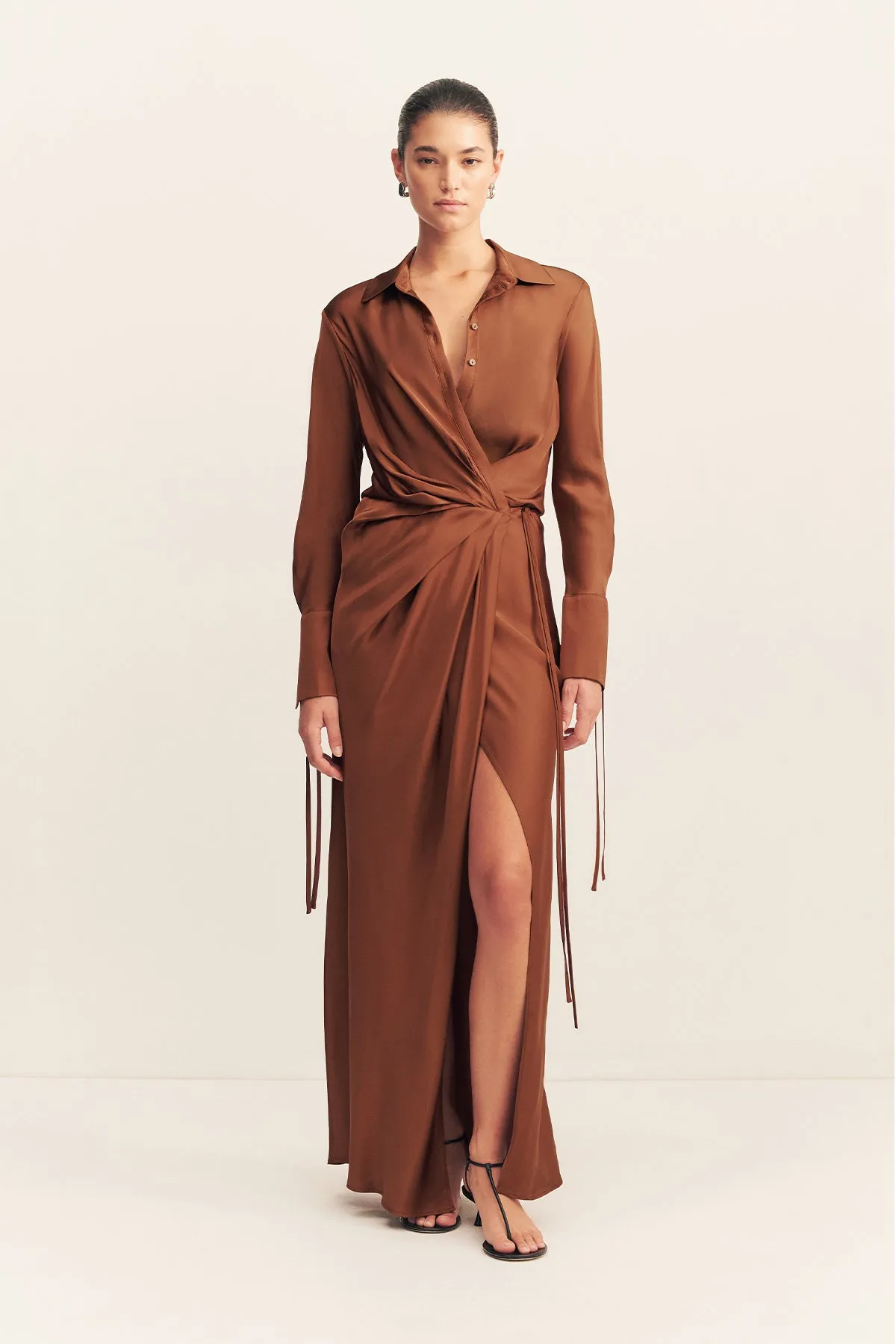 SHAE DRAPED SHIRT MAXI DRESS - CHOCOLATE