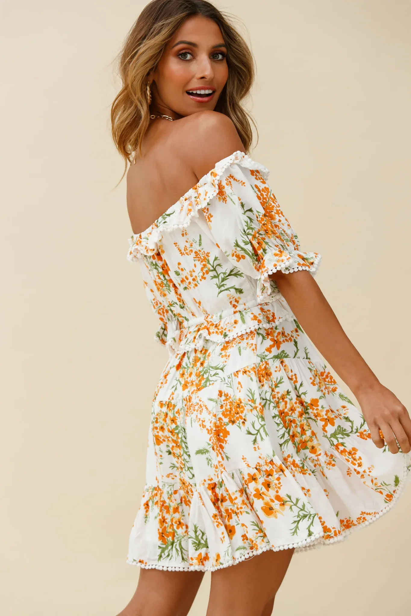 Sierra Bonita Off-Shoulder Drawstring Waist Dress Floral Print Orange Multi