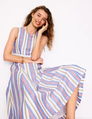 Sleeveless Linen Blend Dress-Bright Blue and Brown Stripe