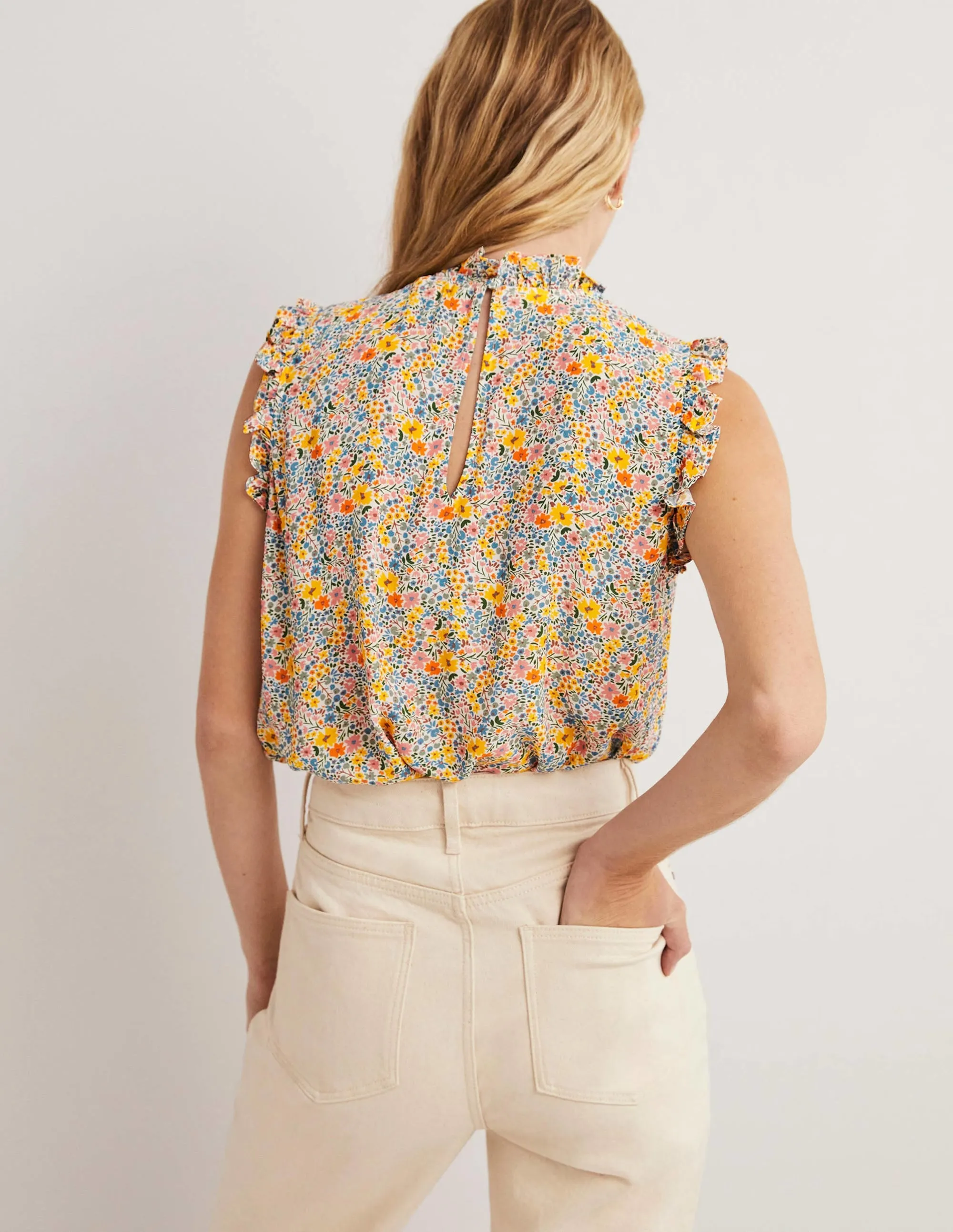 Sleeveless Smocked Top-Ivory. Abstract Ditsy