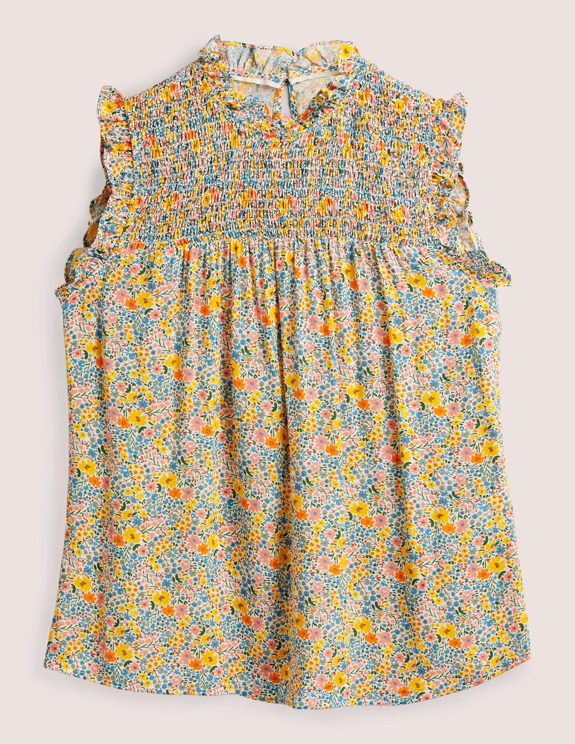 Sleeveless Smocked Top-Ivory. Abstract Ditsy