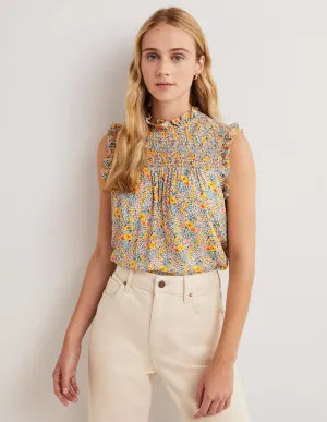 Sleeveless Smocked Top-Ivory. Abstract Ditsy