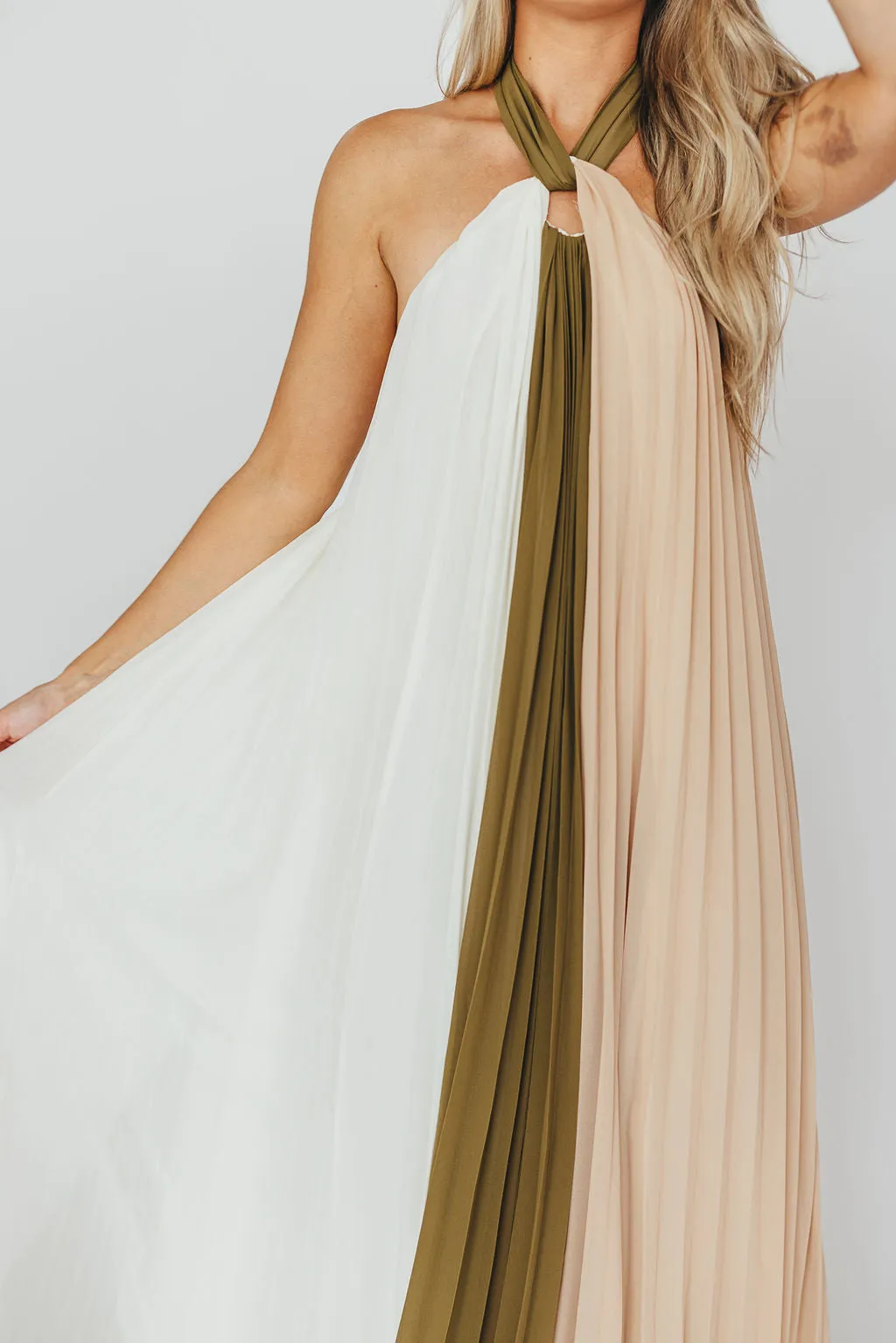Stevie Halter Color-Block Pleated Maxi Dress in Olive Multi