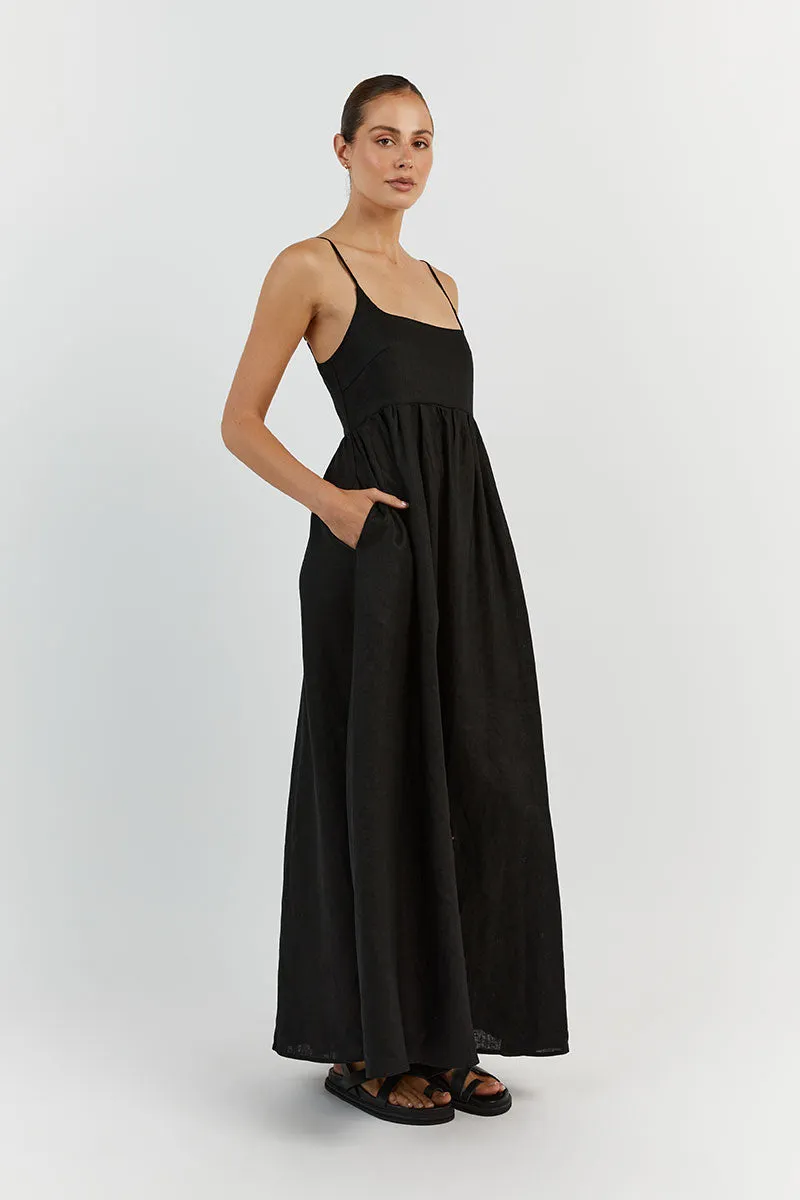 SUNNY BLACK LINEN MIDI DRESS