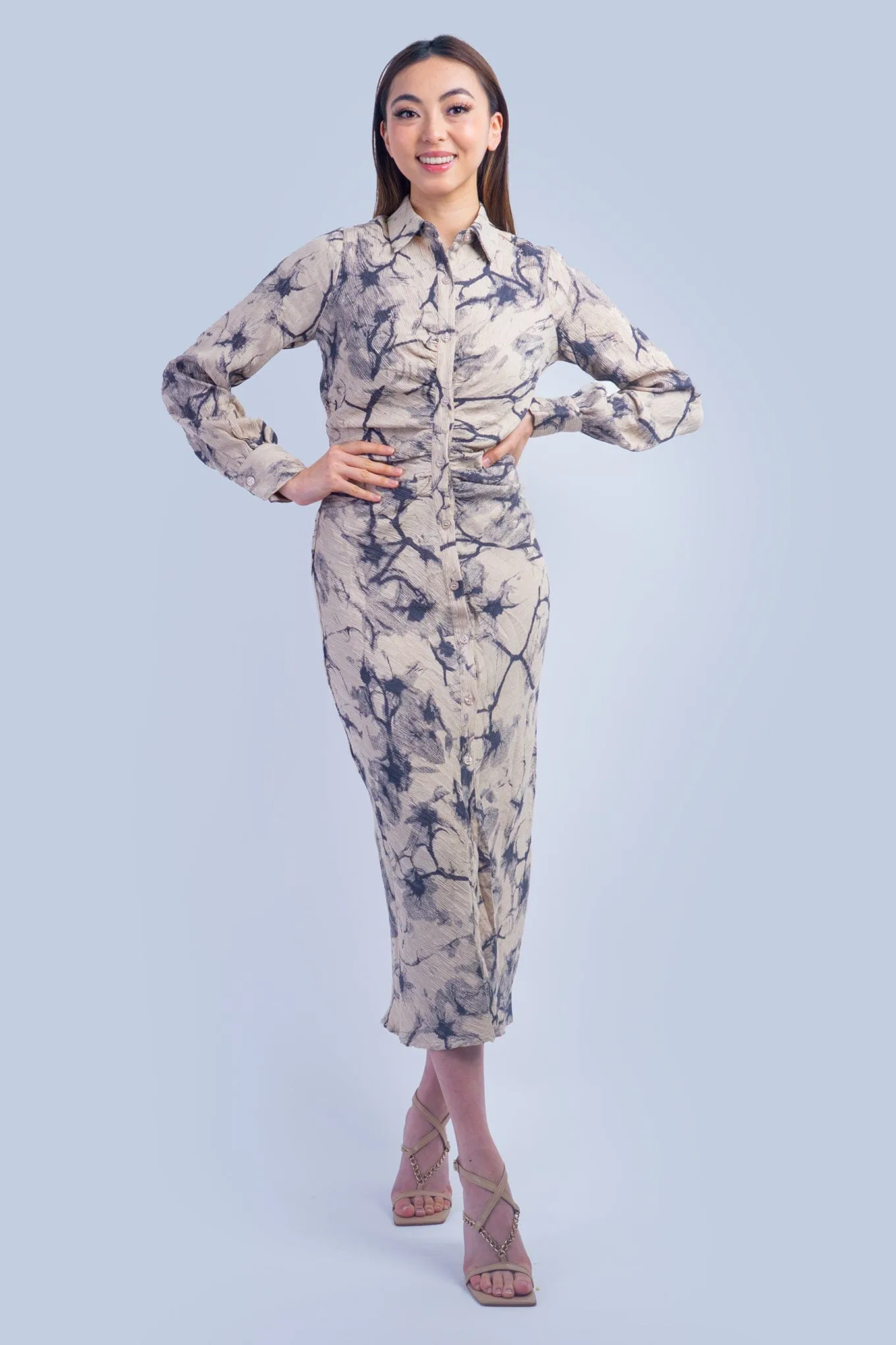 Taupe Charcoal Print Midi Shirt Dress