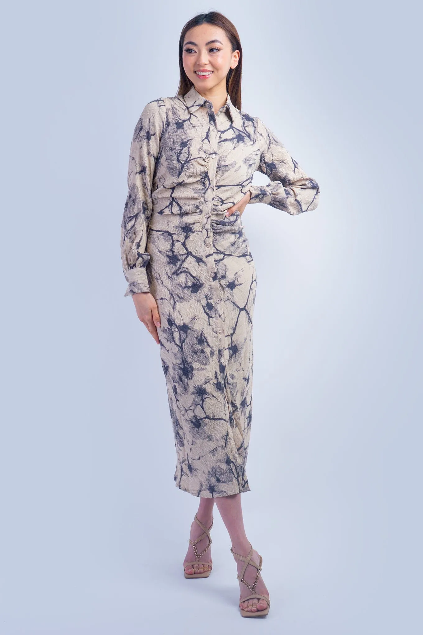 Taupe Charcoal Print Midi Shirt Dress