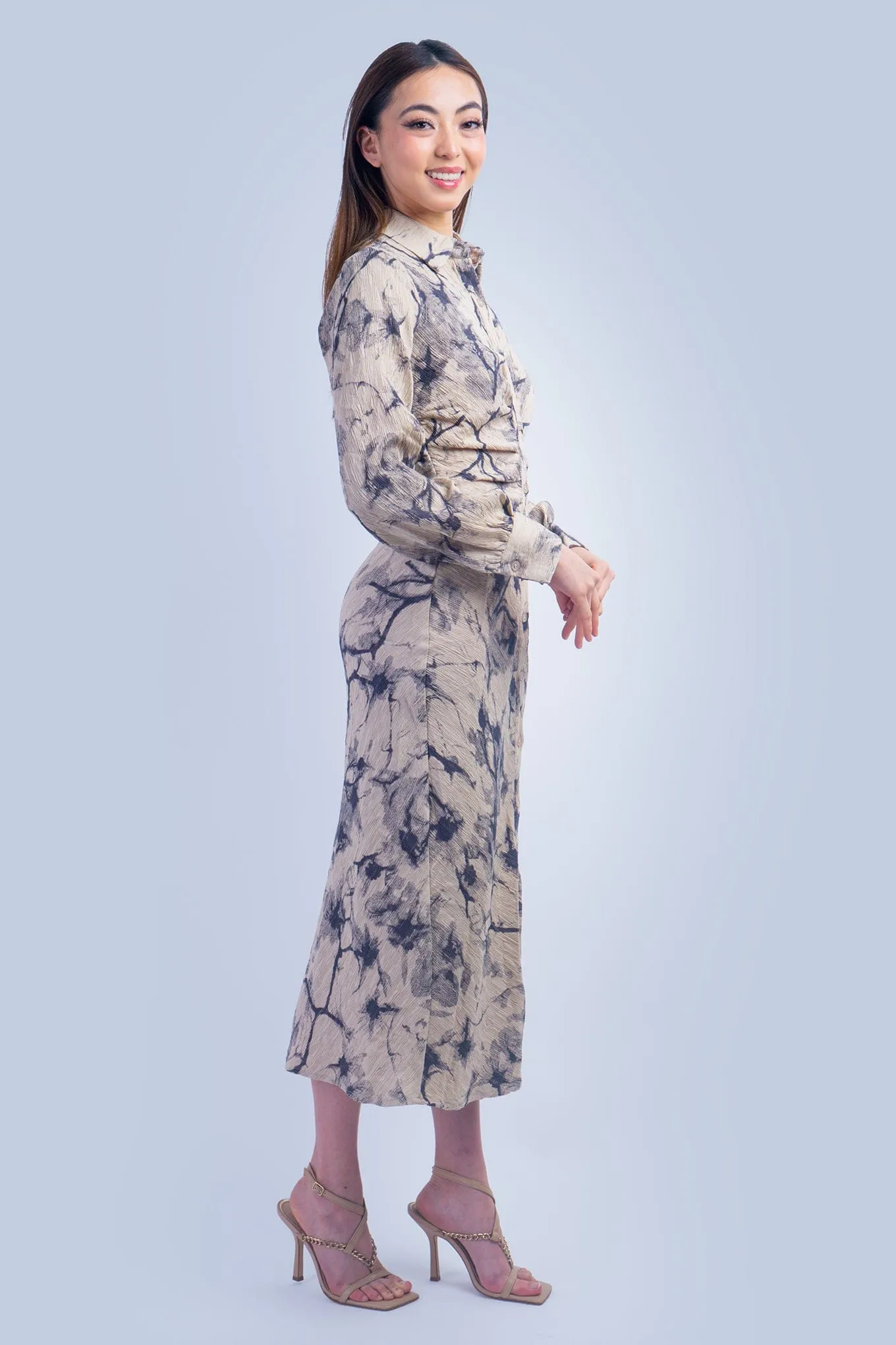 Taupe Charcoal Print Midi Shirt Dress