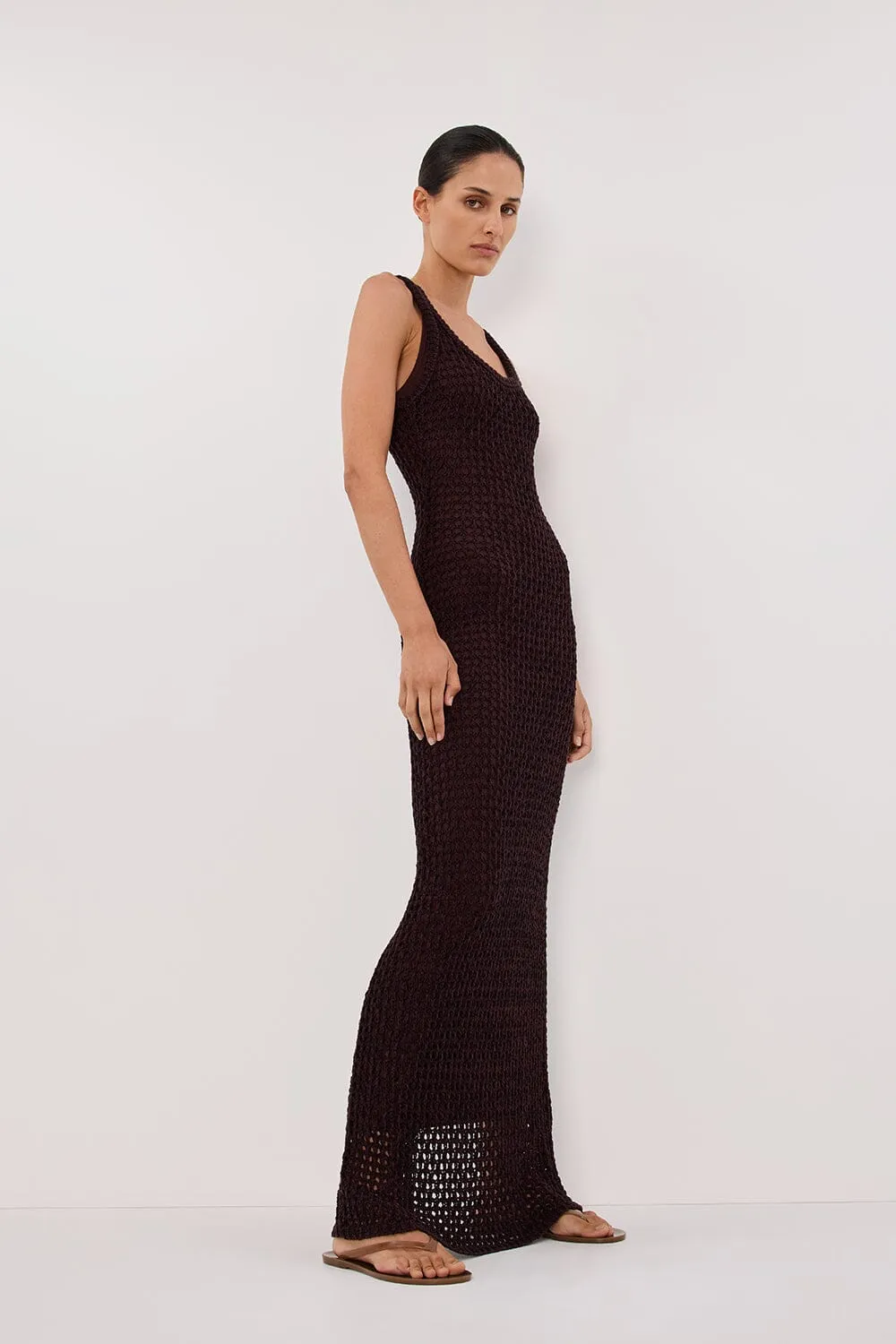 TESS CHOC CROCHET KNIT MAXI DRESS