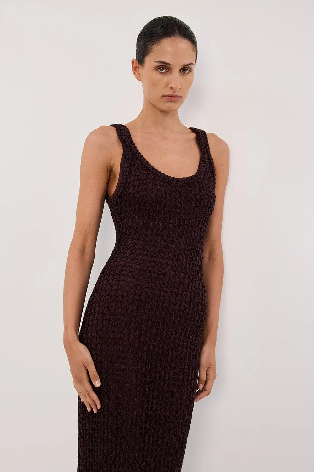 TESS CHOC CROCHET KNIT MAXI DRESS