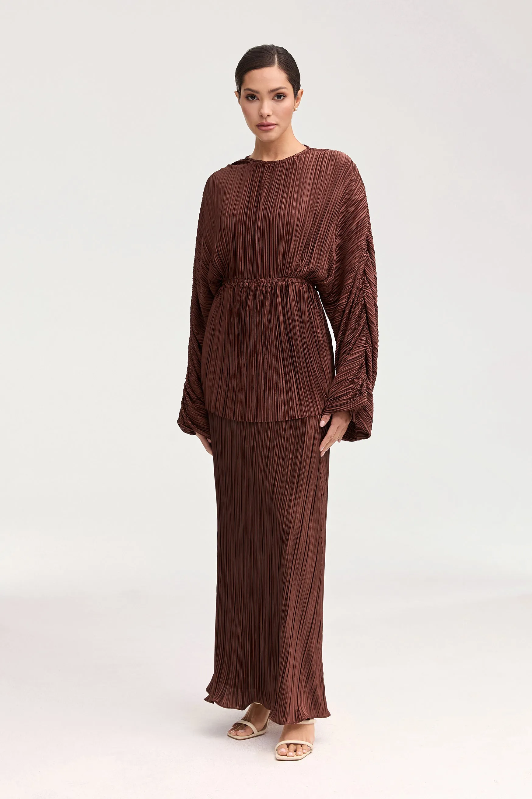 Vera Satin Plisse Batwing Top - Chocolate