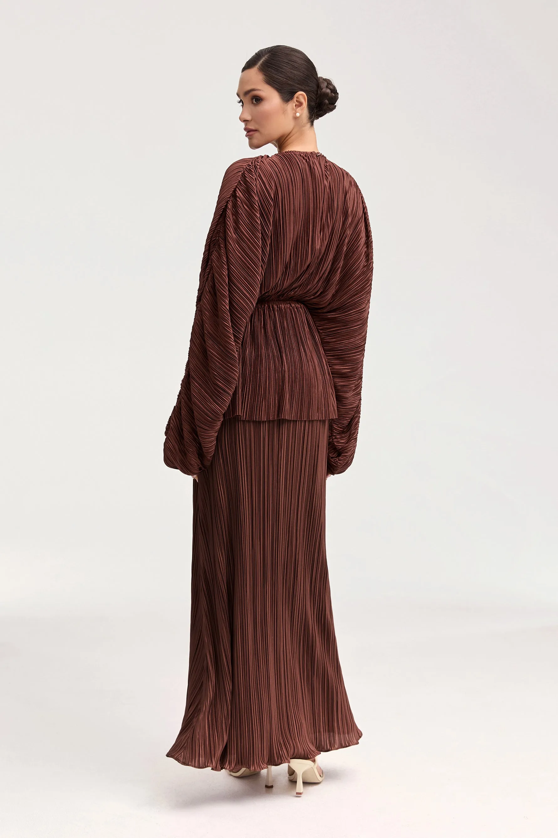 Vera Satin Plisse Batwing Top - Chocolate