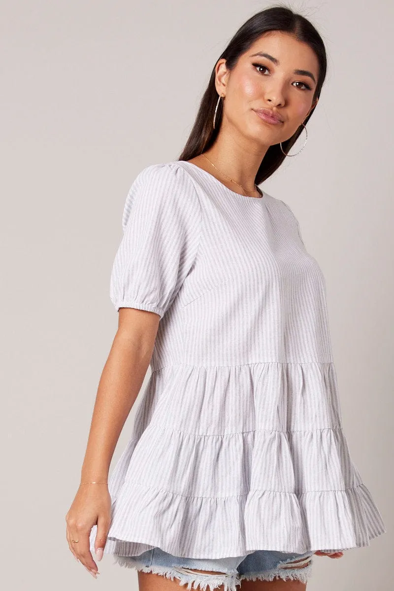 White Stripe Smock Top Short Sleeve Tiered