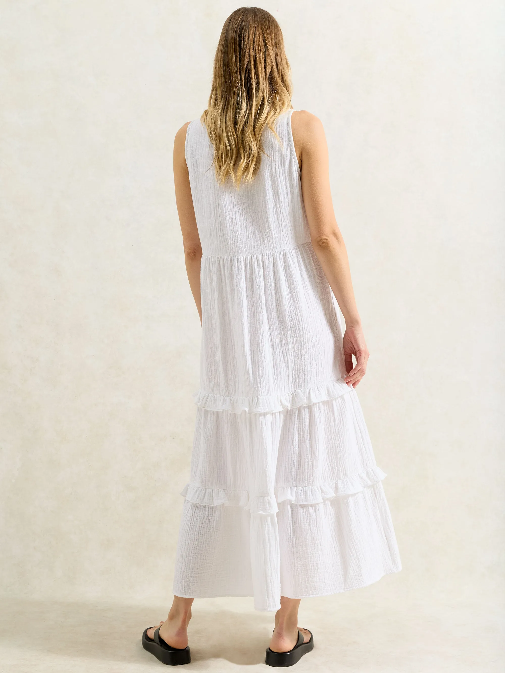 White V-Neck Cheesecloth Midaxi Dress