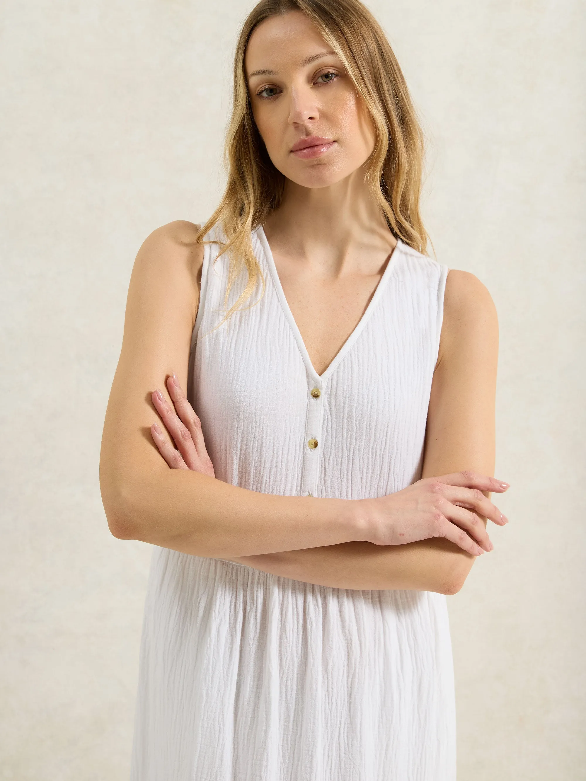 White V-Neck Cheesecloth Midaxi Dress