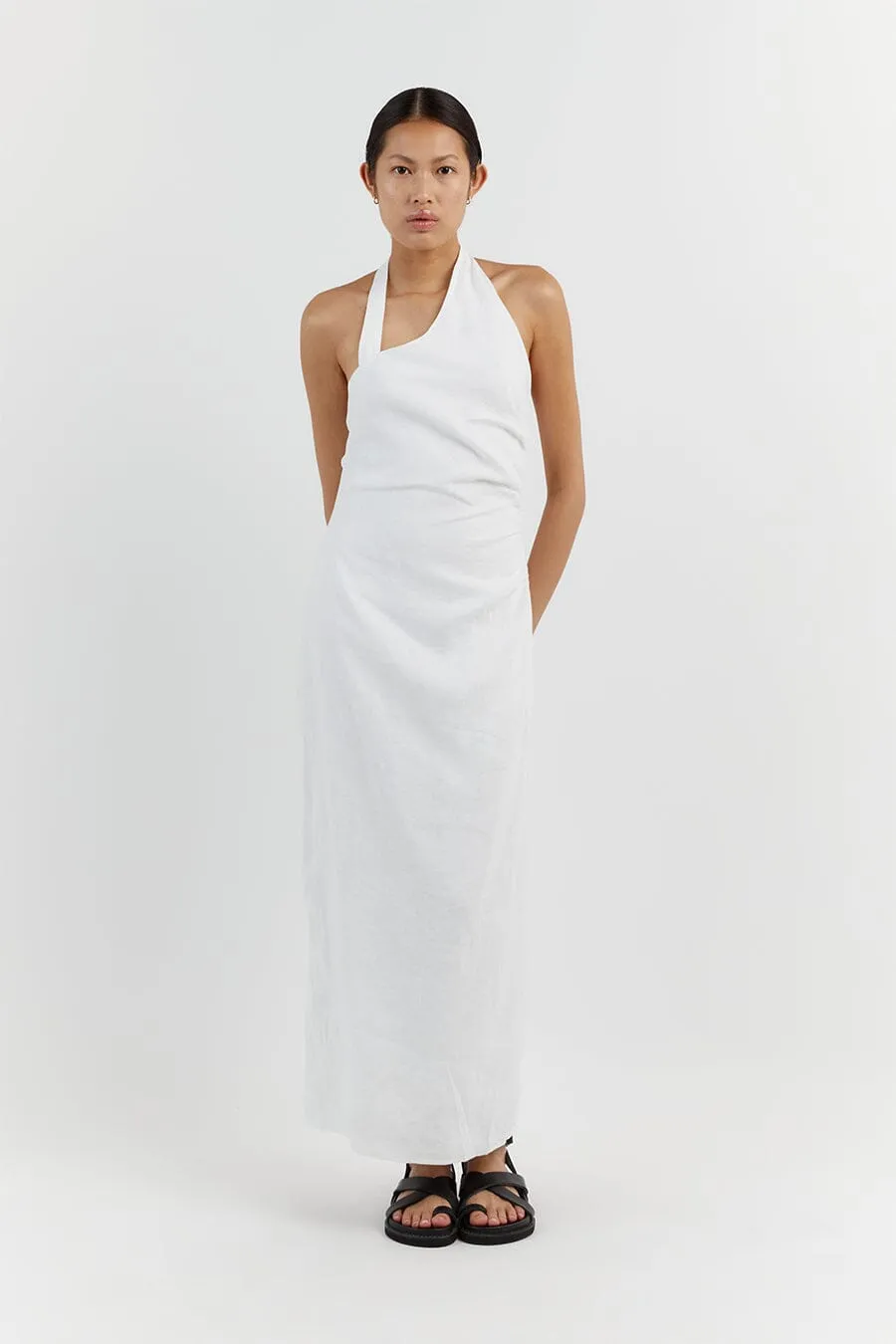 ZOEY WHITE ASYM LINEN MIDI DRESS